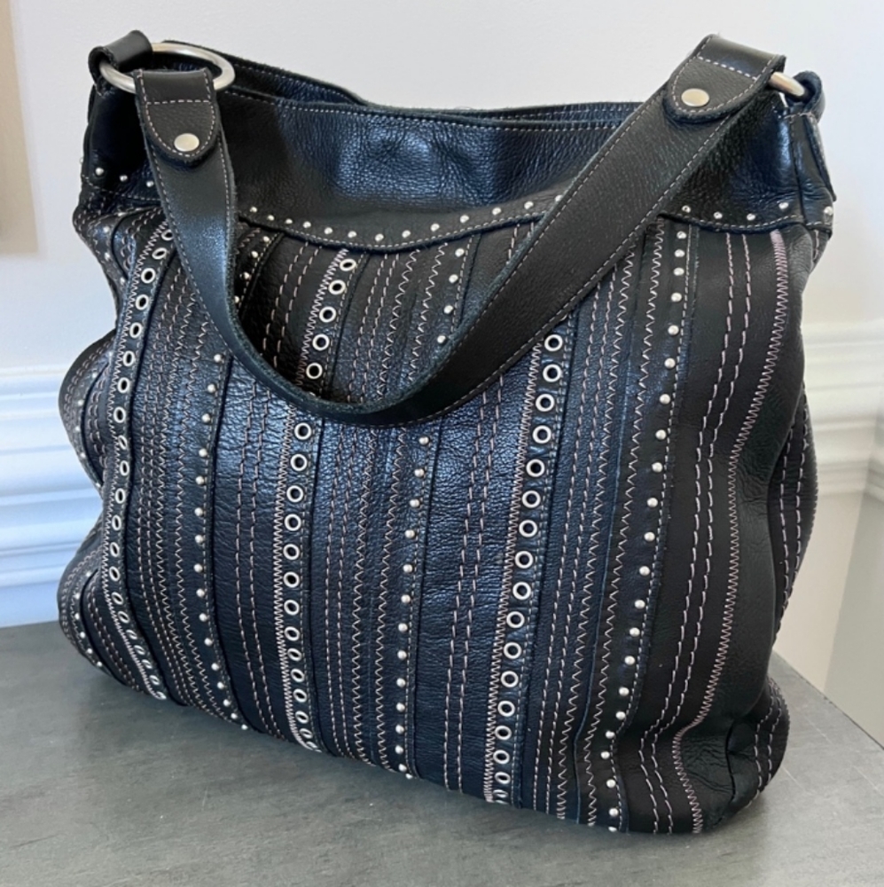 Fossil Black Soft Pebbled Leather Hobo Bag w/ Silver Hardware/Embellishments